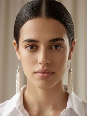 Pearl Fringe Long Earrings Silver Tone Hooks Vintage Style Baroque Jewelry NEW